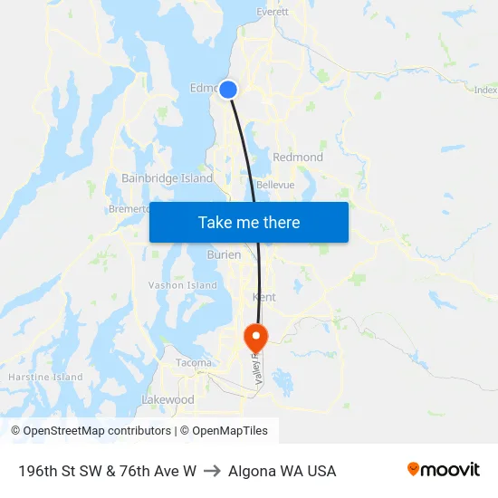 196th St SW & 76th Ave W to Algona WA USA map