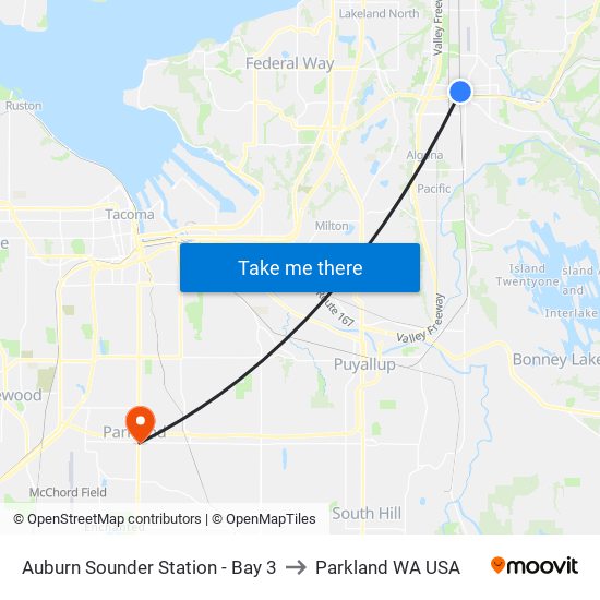 Auburn Sounder Station - Bay 3 to Parkland WA USA map