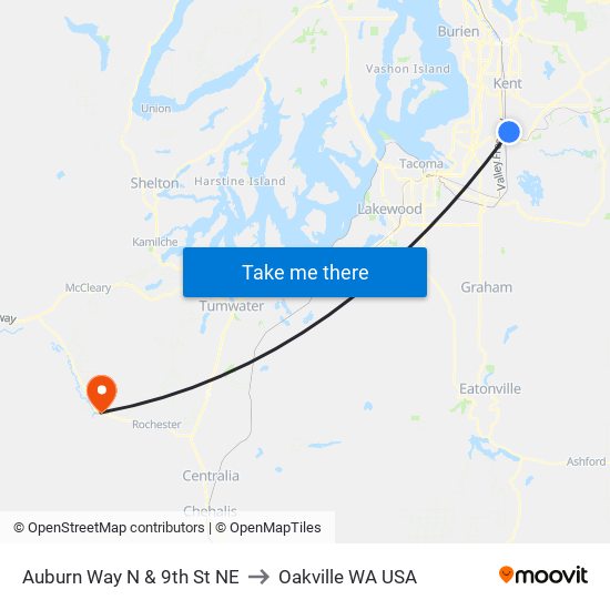 Auburn Way N & 9th St NE to Oakville WA USA map