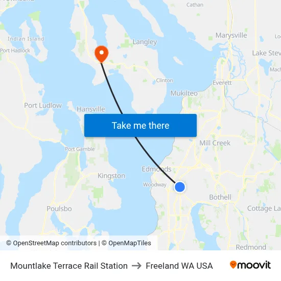 Mountlake Terrace Rail Station to Freeland WA USA map
