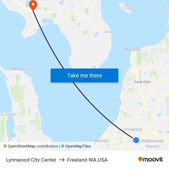 Lynnwood City Center to Freeland WA USA map