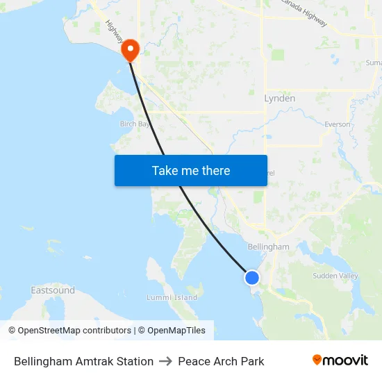 Bellingham Amtrak Station to Peace Arch Park map