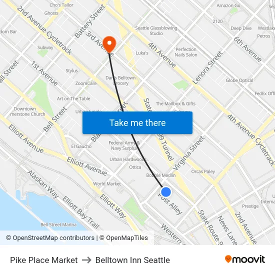 Pike Place Market to Belltown Inn Seattle map