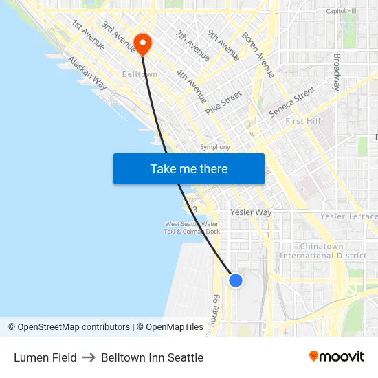 Lumen Field to Belltown Inn Seattle map
