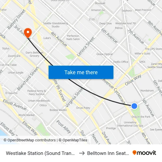 Westlake Station (Sound Transit) to Belltown Inn Seattle map