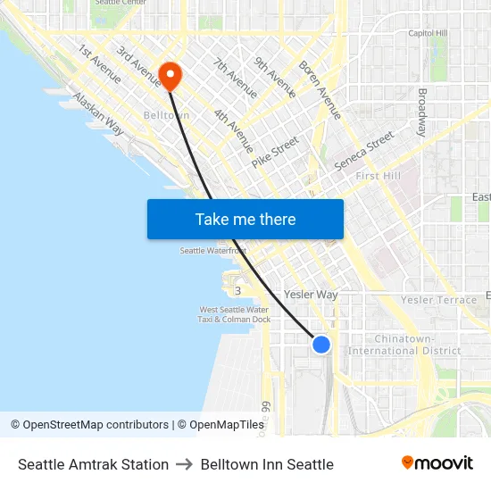 Seattle Amtrak Station to Belltown Inn Seattle map