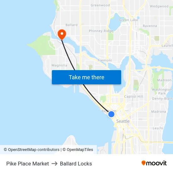 Pike Place Market to Ballard Locks map