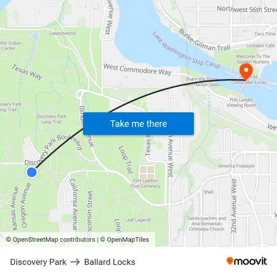 Discovery Park to Ballard Locks map