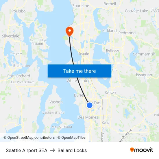 Seattle Airport SEA to Ballard Locks map