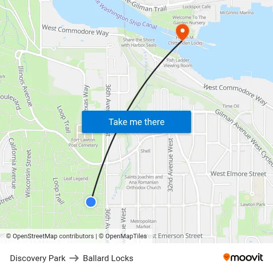 Discovery Park to Ballard Locks map