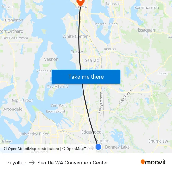 Puyallup to Seattle WA Convention Center map