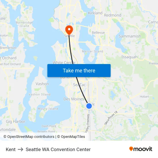 Kent to Seattle WA Convention Center map