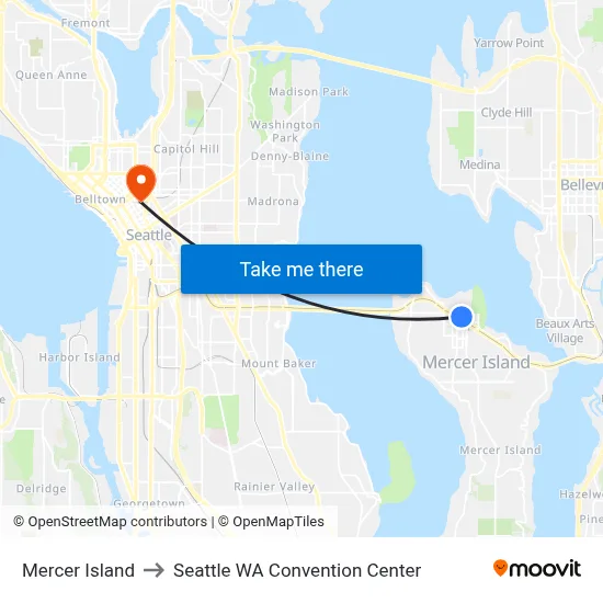 Mercer Island to Seattle WA Convention Center map