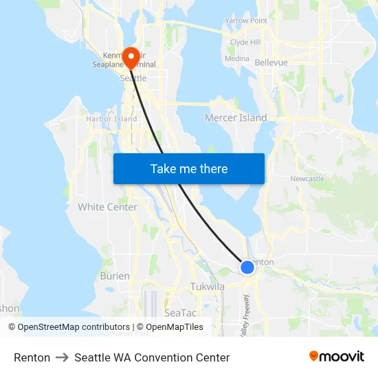 Renton to Seattle WA Convention Center map