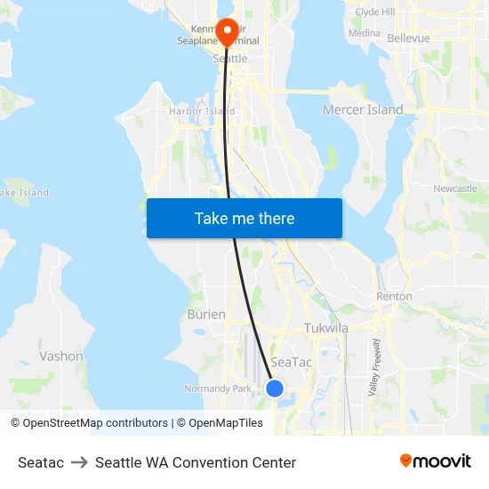 Seatac to Seattle WA Convention Center map