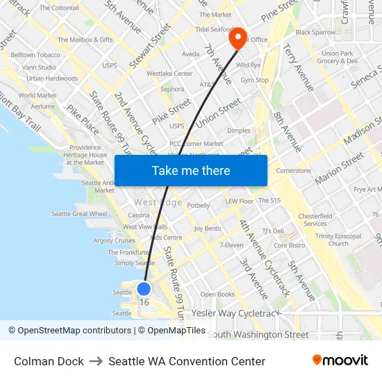 Colman Dock to Seattle WA Convention Center map