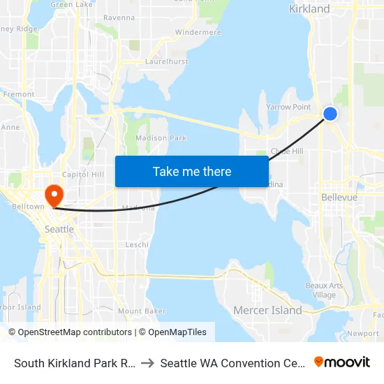 South Kirkland Park Ride to Seattle WA Convention Center map