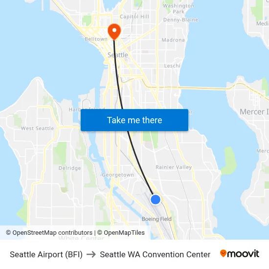 Seattle Airport (BFI) to Seattle WA Convention Center map