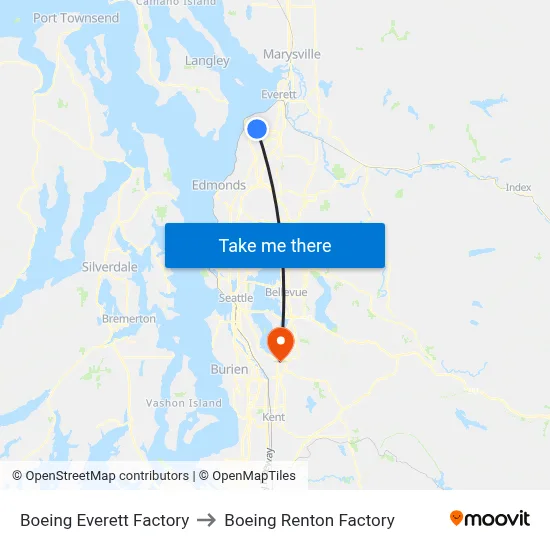 Boeing Everett Factory to Boeing Renton Factory map