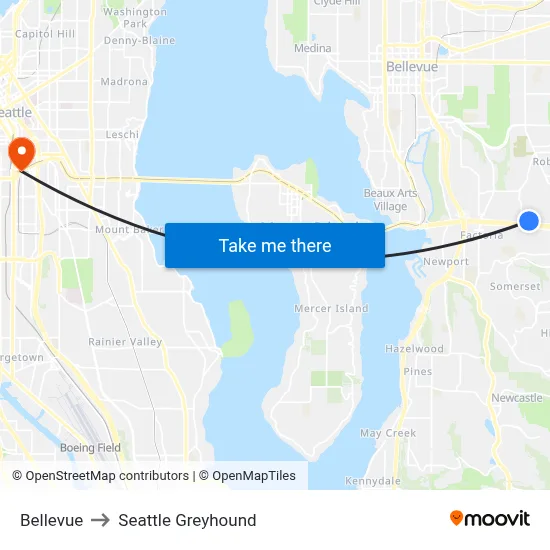 Bellevue to Seattle Greyhound map
