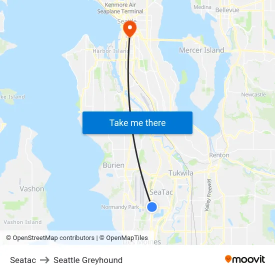 Seatac to Seattle Greyhound map