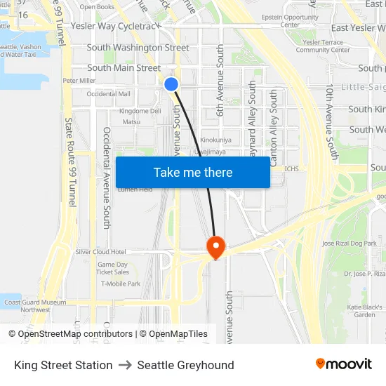 King Street Station to Seattle Greyhound map