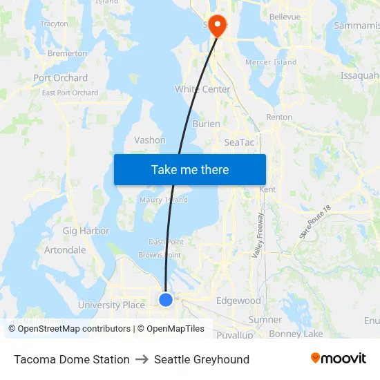 Tacoma Dome Station to Seattle Greyhound map