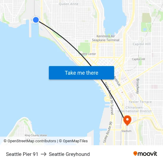 Seattle Pier 91 to Seattle Greyhound map