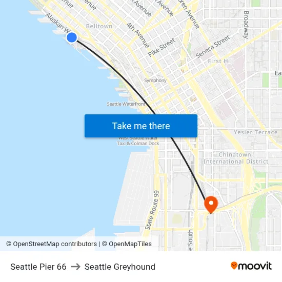 Seattle Pier 66 to Seattle Greyhound map