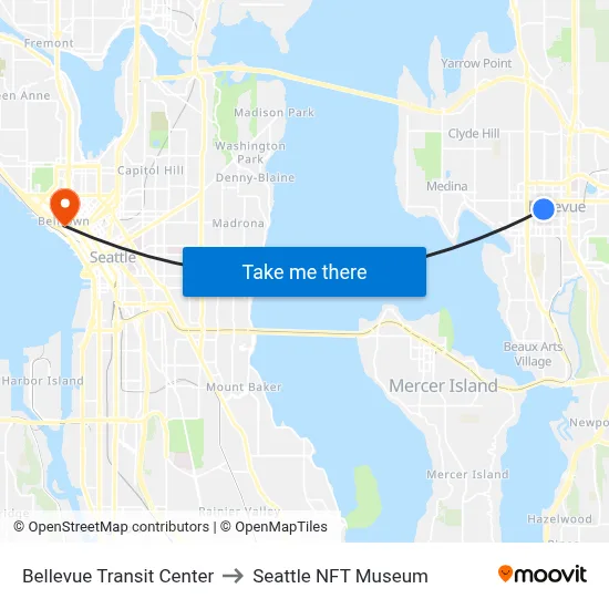 Bellevue Transit Center to Seattle NFT Museum map