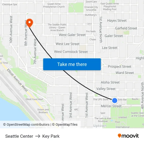 Seattle Center to Key Park map