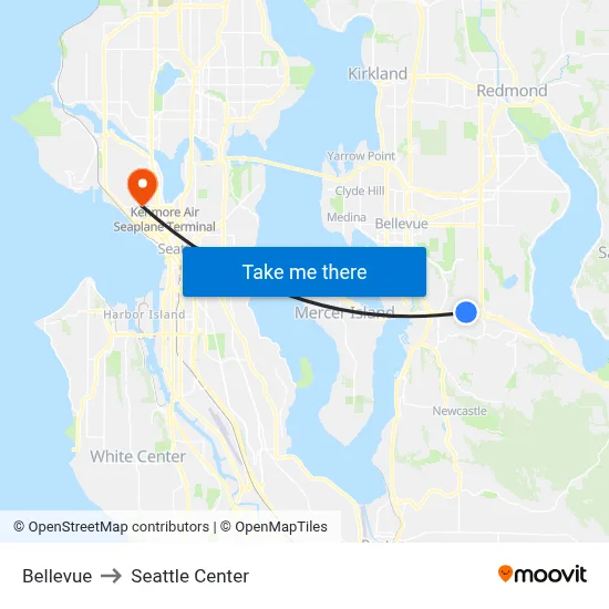 Bellevue to Seattle Center map