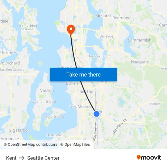 Kent to Seattle Center map