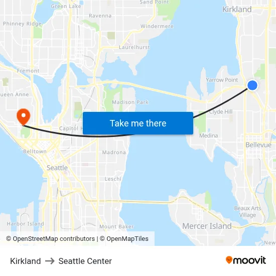 Kirkland to Seattle Center map