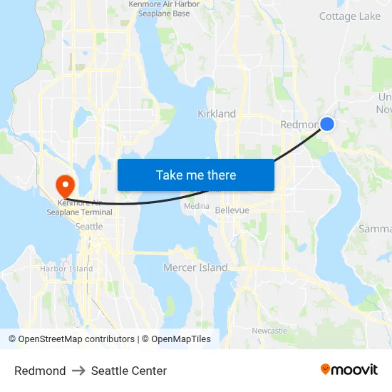 Redmond to Seattle Center map