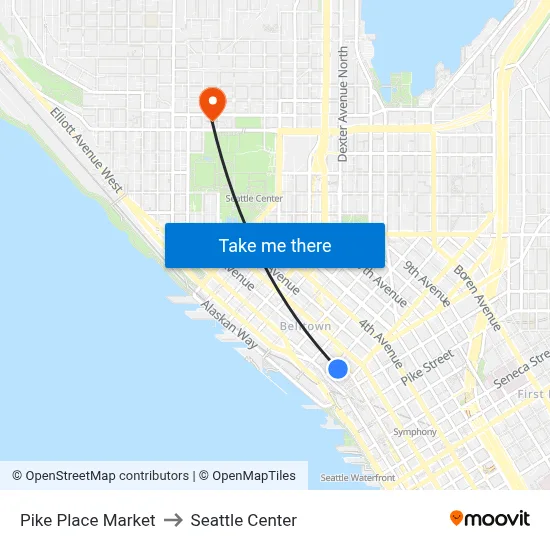 Pike Place Market to Seattle Center map