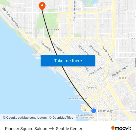 Pioneer Square Saloon to Seattle Center map
