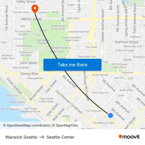 Warwick Seattle to Seattle Center map