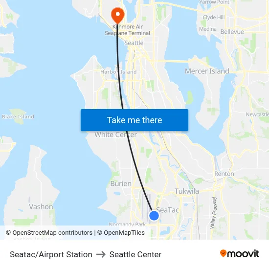 Seatac/Airport Station to Seattle Center map