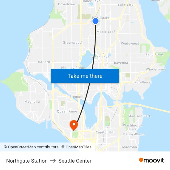 Northgate Station to Seattle Center map