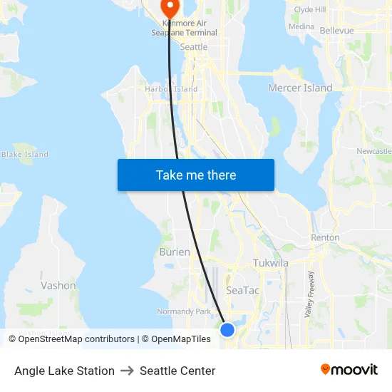 Angle Lake Station to Seattle Center map