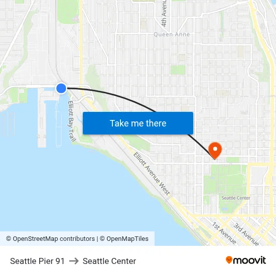 Seattle Pier 91 to Seattle Center map