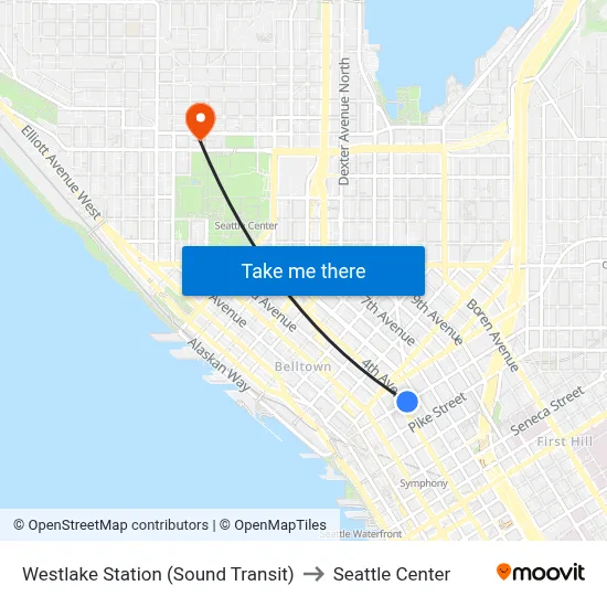 Westlake Station (Sound Transit) to Seattle Center map