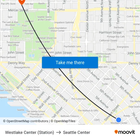 Westlake Center (Station) to Seattle Center map