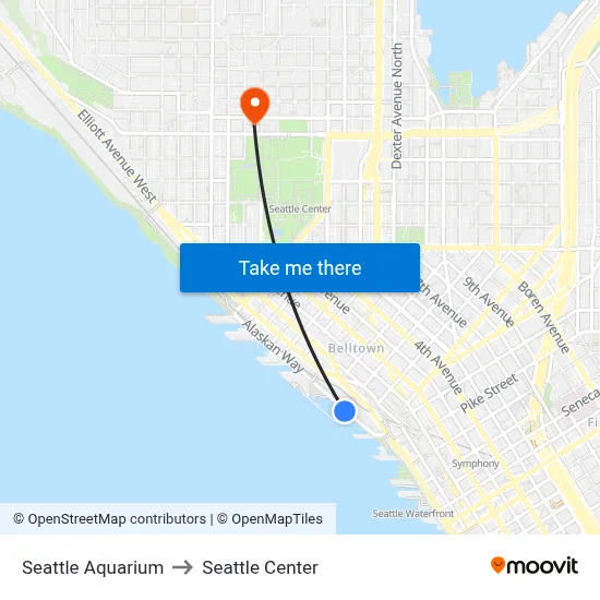 Seattle Aquarium to Seattle Center map