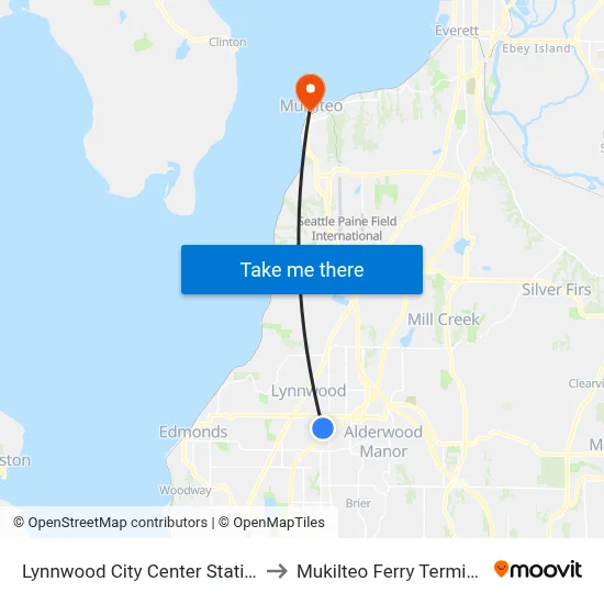 Lynnwood City Center Station to Mukilteo Ferry Terminal map