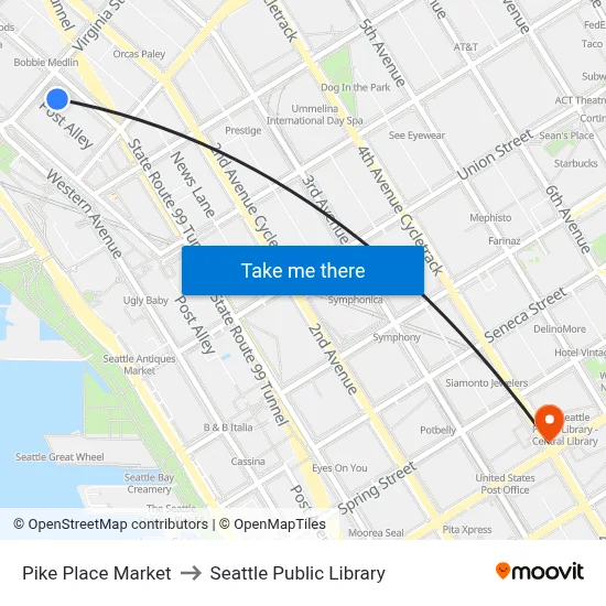 Pike Place Market to Seattle Public Library map