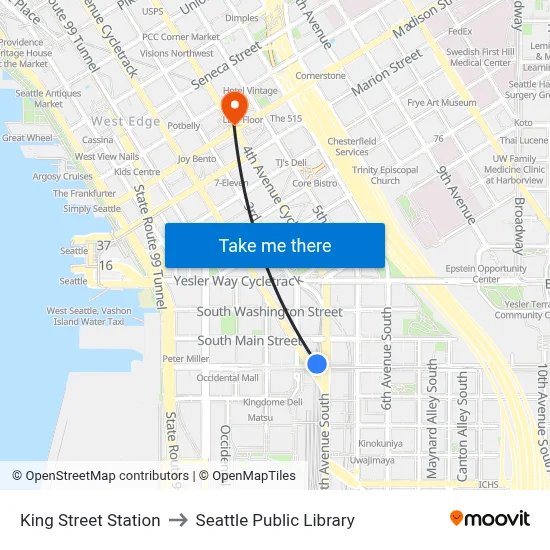 King Street Station to Seattle Public Library map
