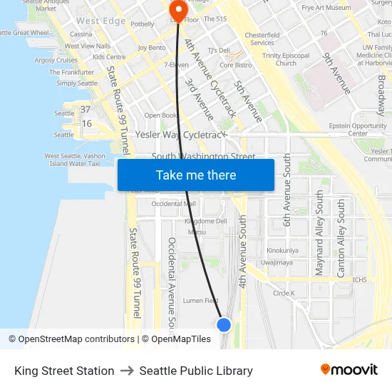 King Street Station to Seattle Public Library map