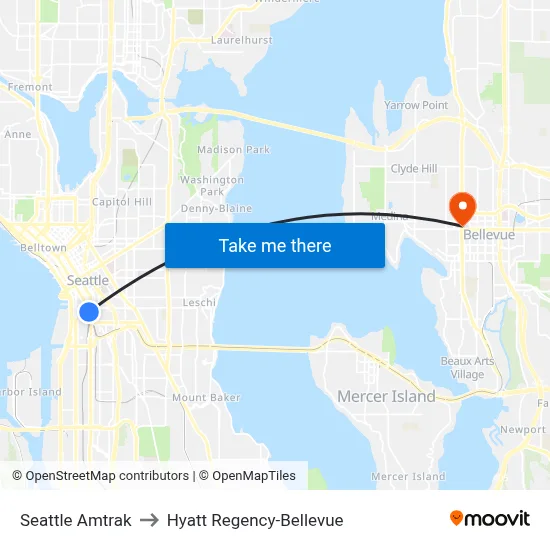 Seattle Amtrak to Hyatt Regency-Bellevue map